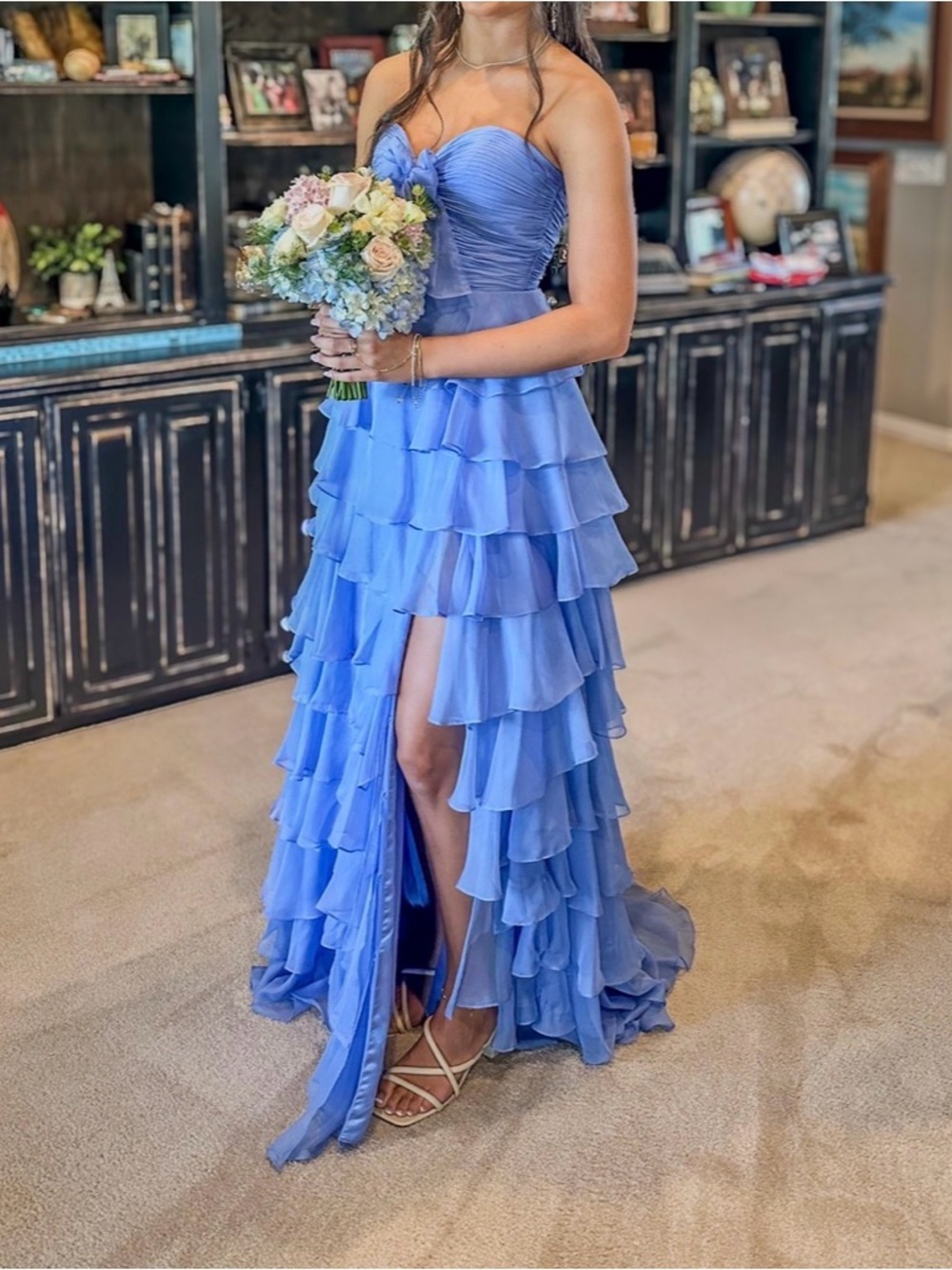 Sherri Hill Periwinkle Blue Strapless Ruffled High-Low Gown
